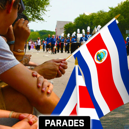 G128 12 Pack Handheld Costa Rica Costa Rican Stick Flags | 12x18 In | Printed 150D Polyester, Country Flag, Solid Wooden Stick, Spear Gold Tip