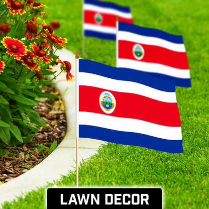 G128 50 Pack Handheld Costa Rica Costa Rican Stick Flags | 12x18 In | Printed 150D Polyester, Country Flag, Solid Wooden Stick, Spear Gold Tip