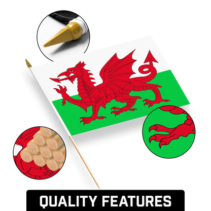 G128 12 Pack Handheld Wales Welsh Stick Flags | 12x18 In | Printed 150D Polyester, Country Flag, Solid Wooden Stick, Spear Gold Tip