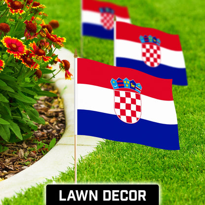 G128 12 Pack Handheld Croatia Croatian Stick Flags | 12x18 In | Printed 150D Polyester, Country Flag, Solid Wooden Stick, Spear Gold Tip