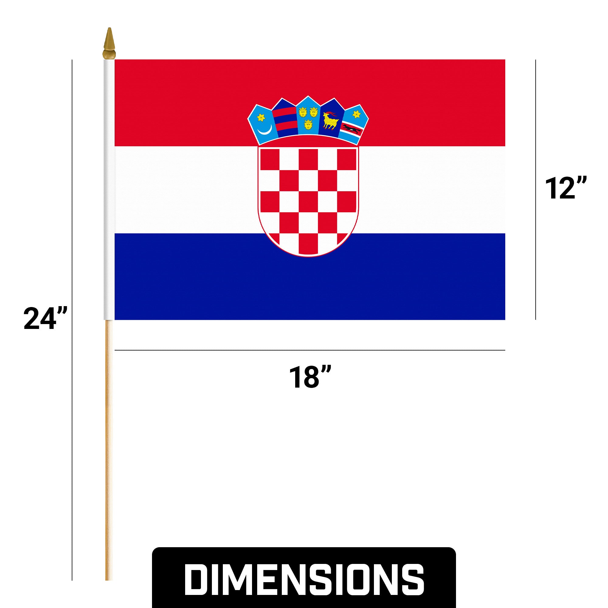 G128 24 Pack Handheld Croatia Croatian Stick Flags | 12x18 In | Printed 150D Polyester, Country Flag, Solid Wooden Stick, Spear Gold Tip