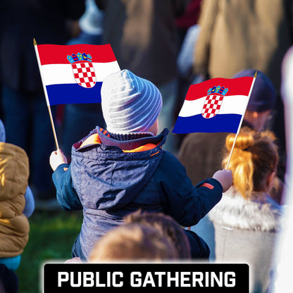 G128 12 Pack Handheld Croatia Croatian Stick Flags | 12x18 In | Printed 150D Polyester, Country Flag, Solid Wooden Stick, Spear Gold Tip