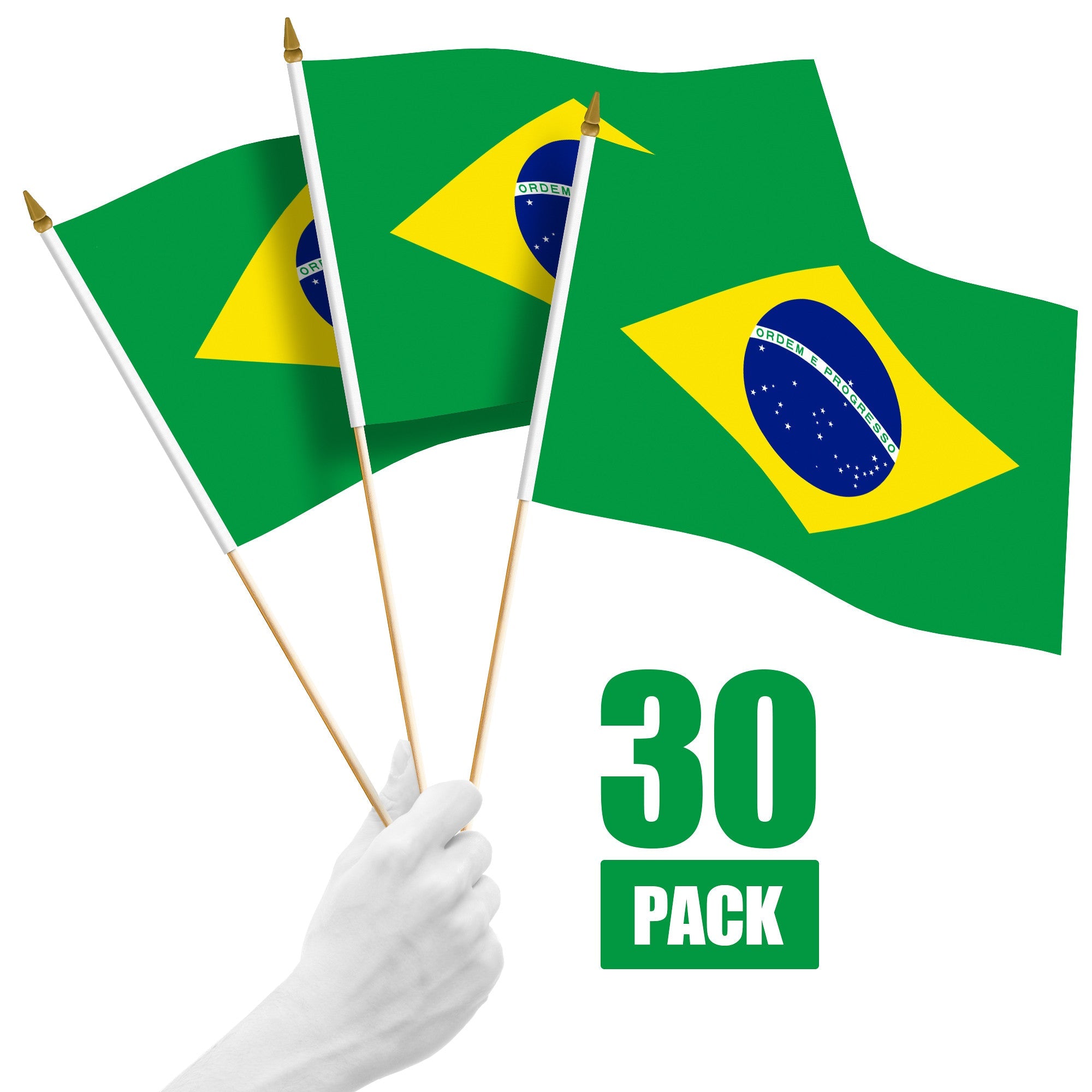G128 30 Pack Handheld Brazil Brazilian Stick Flags | 12x18 In | Printed 150D Polyester, Country Flag, Solid Wooden Stick, Spear Gold Tip