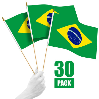G128 30 Pack Handheld Brazil Brazilian Stick Flags | 12x18 In | Printed 150D Polyester, Country Flag, Solid Wooden Stick, Spear Gold Tip