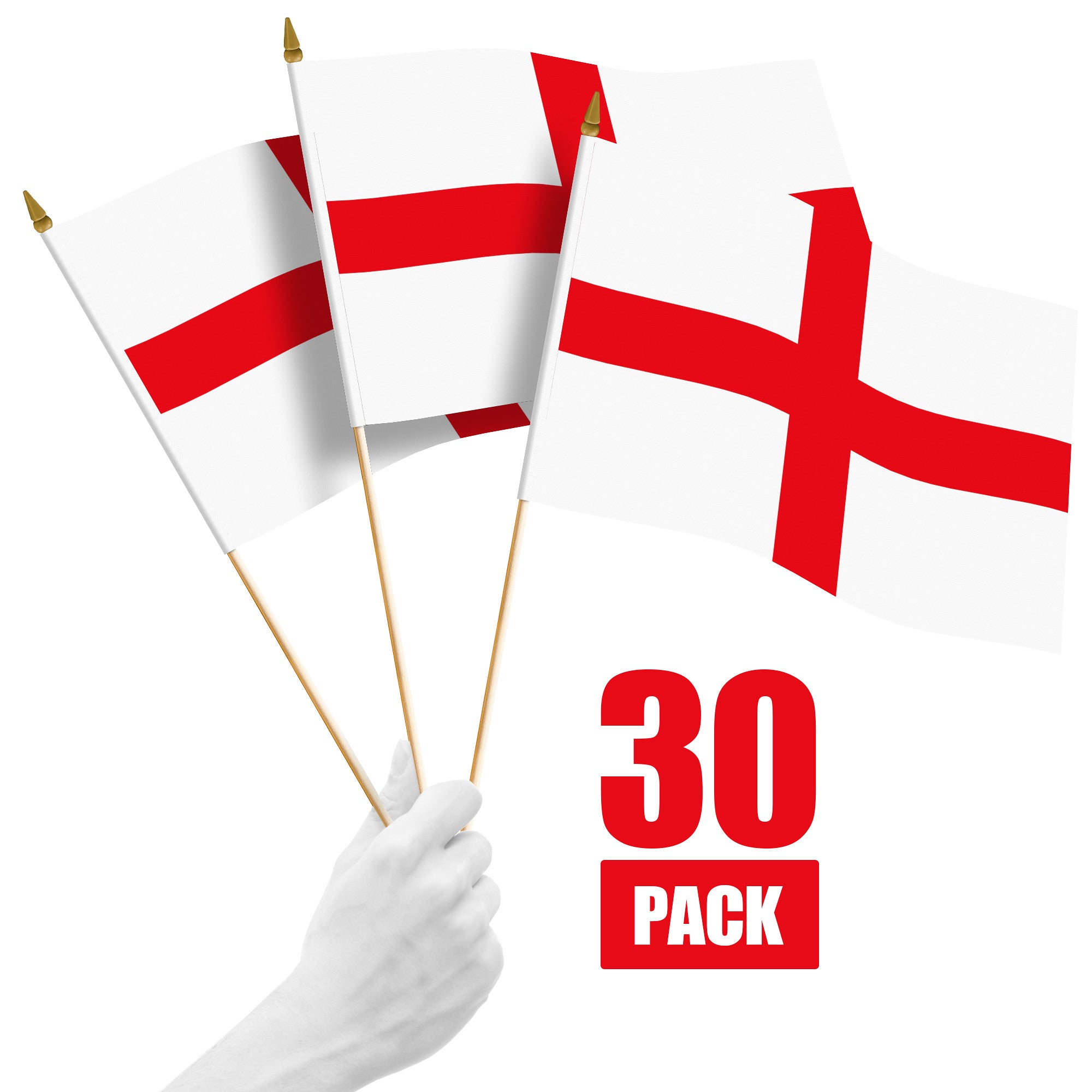 G128 30 Pack Handheld England English Stick Flags | 12x18 In | Printed 150D Polyester, Country Flag, Solid Wooden Stick, Spear Gold Tip