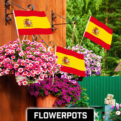 G128 30 Pack Handheld Spain Spanish Stick Flags | 12x18 In | Printed 150D Polyester, Country Flag, Solid Wooden Stick, Spear Gold Tip