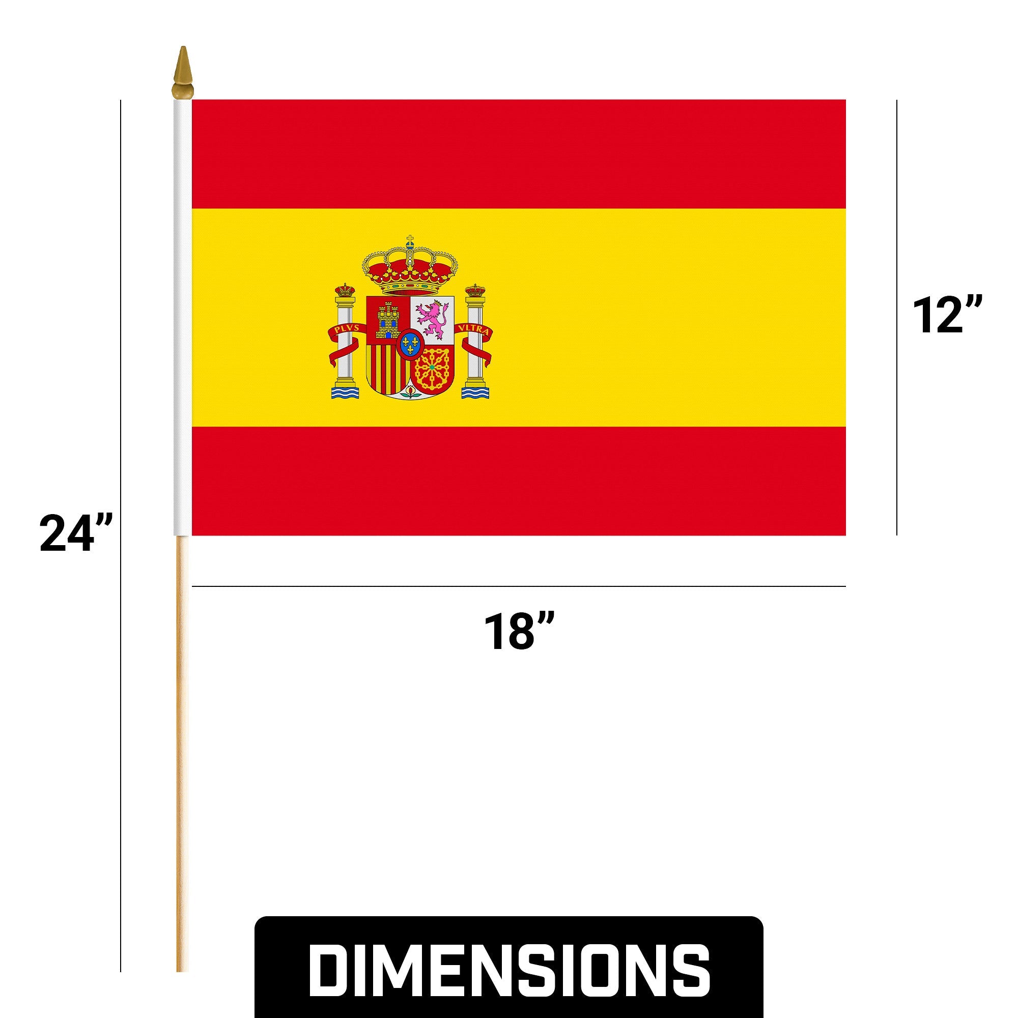 G128 12 Pack Handheld Spain Spanish Stick Flags | 12x18 In | Printed 150D Polyester, Country Flag, Solid Wooden Stick, Spear Gold Tip