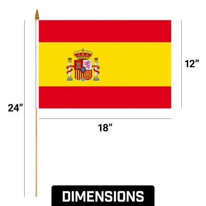 G128 30 Pack Handheld Spain Spanish Stick Flags | 12x18 In | Printed 150D Polyester, Country Flag, Solid Wooden Stick, Spear Gold Tip
