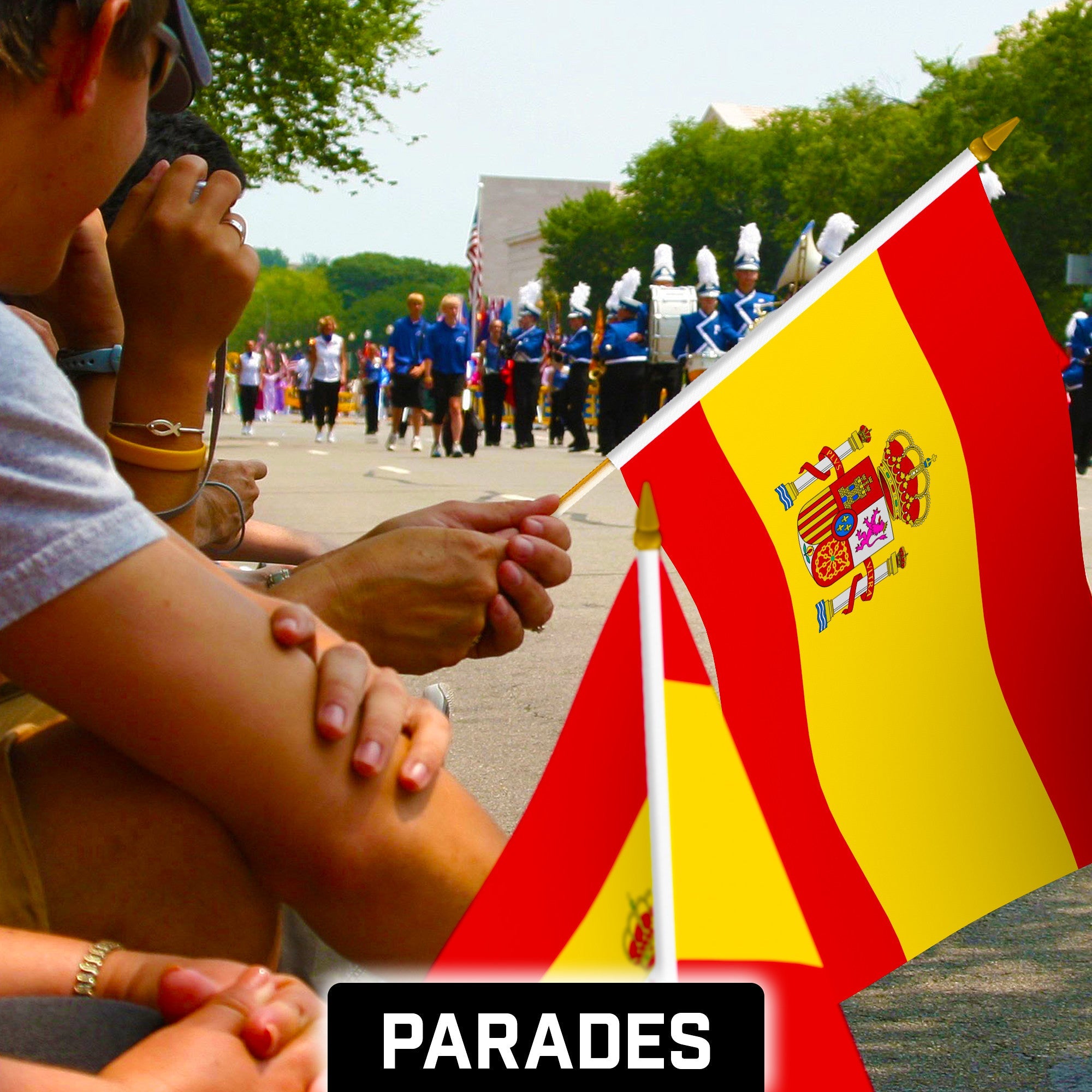 G128 50 Pack Handheld Spain Spanish Stick Flags | 12x18 In | Printed 150D Polyester, Country Flag, Solid Wooden Stick, Spear Gold Tip
