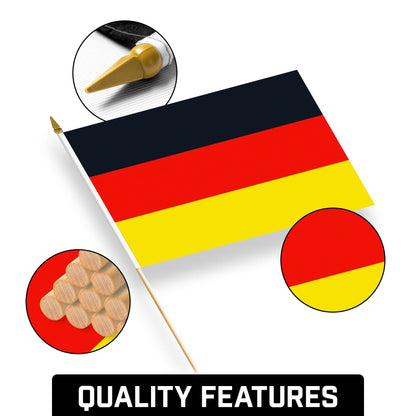 G128 30 Pack Handheld Germany German Stick Flags | 12x18 In | Printed 150D Polyester, Country Flag, Solid Wooden Stick, Spear Gold Tip