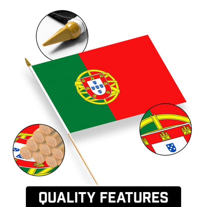 G128 50 Pack Handheld Portugal Portuguese Stick Flags | 12x18 In | Printed 150D Polyester, Country Flag, Solid Wooden Stick, Spear Gold Tip