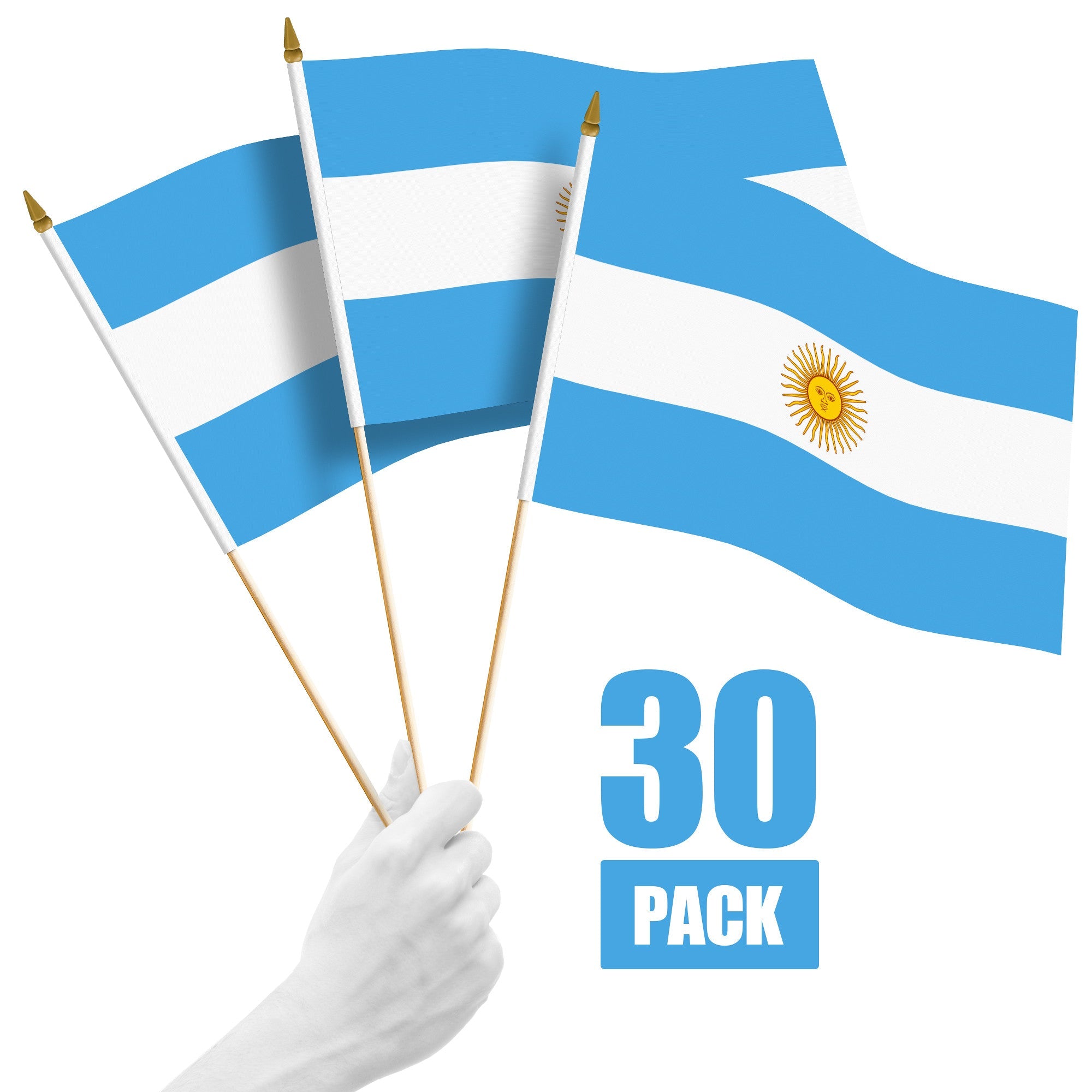 30 Pack Handheld Argentina Argentinian Stick Flags | 12x18 In | Printed 150D Polyester, Country Flag, Solid Wooden Stick, Spear Gold Tip