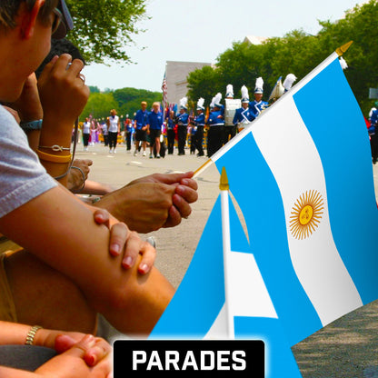 12 Pack Handheld Argentina Argentinian Stick Flags | 12x18 In | Printed 150D Polyester, Country Flag, Solid Wooden Stick, Spear Gold Tip