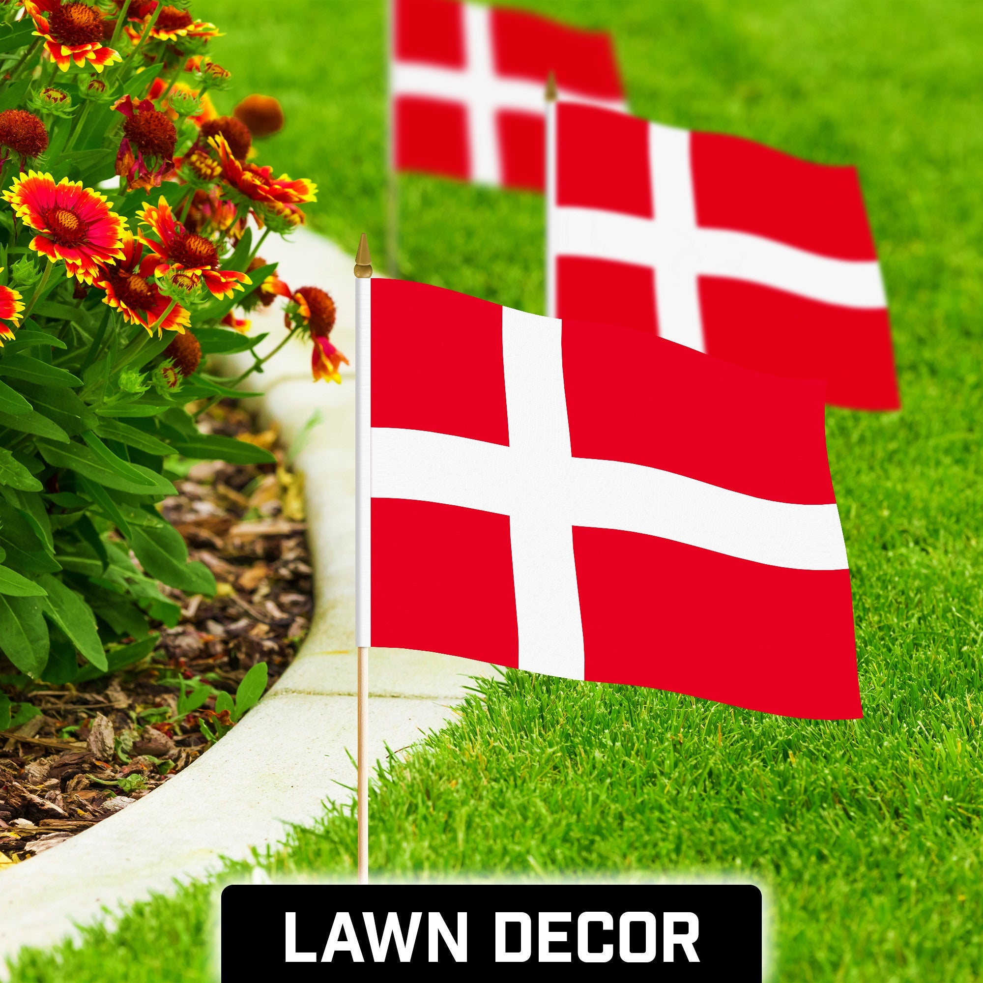 G128 24 Pack Handheld Denmark Danish Stick Flags | 12x18 In | Printed 150D Polyester, Country Flag, Solid Wooden Stick, Spear Gold Tip