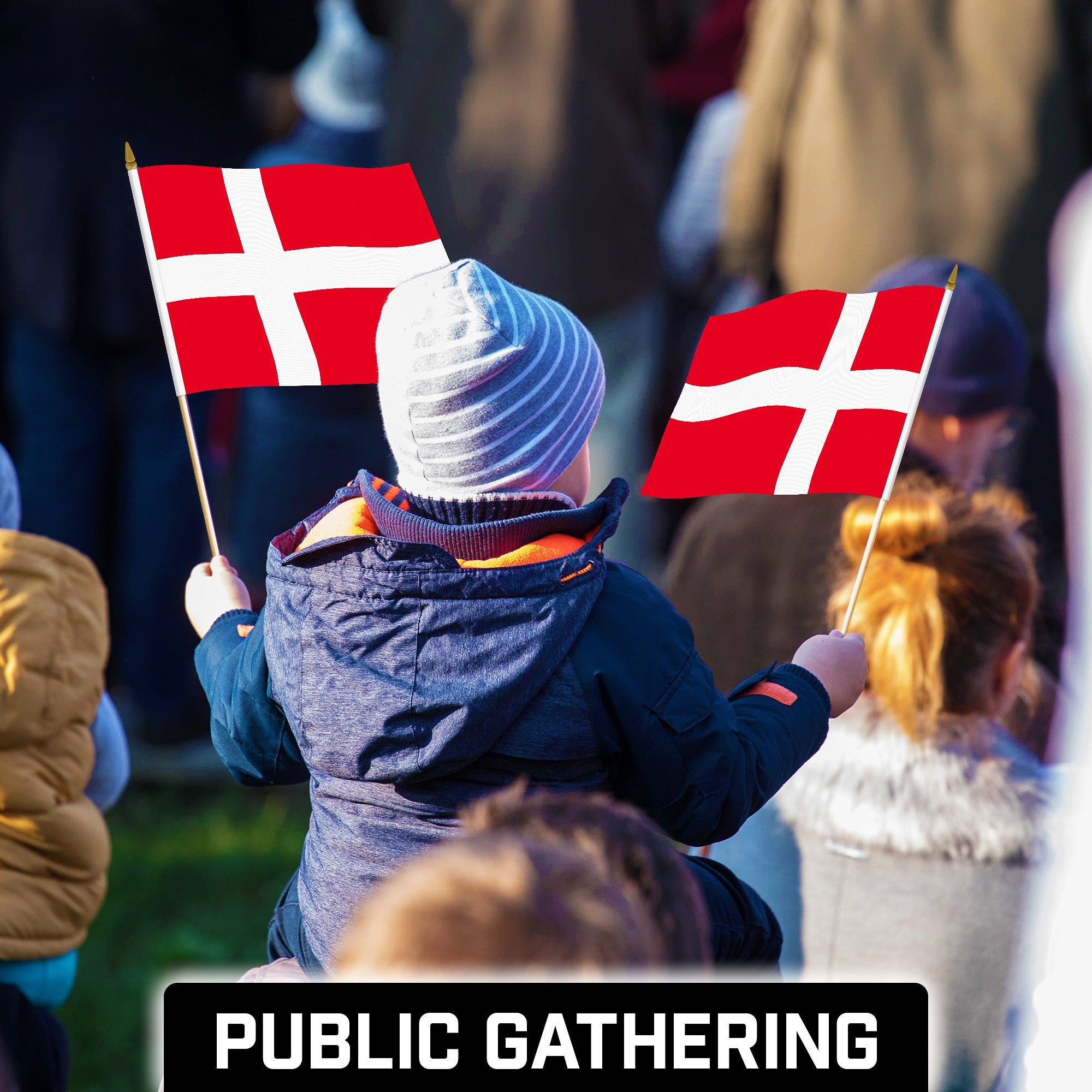 G128 30 Pack Handheld Denmark Danish Stick Flags | 12x18 In | Printed 150D Polyester, Country Flag, Solid Wooden Stick, Spear Gold Tip