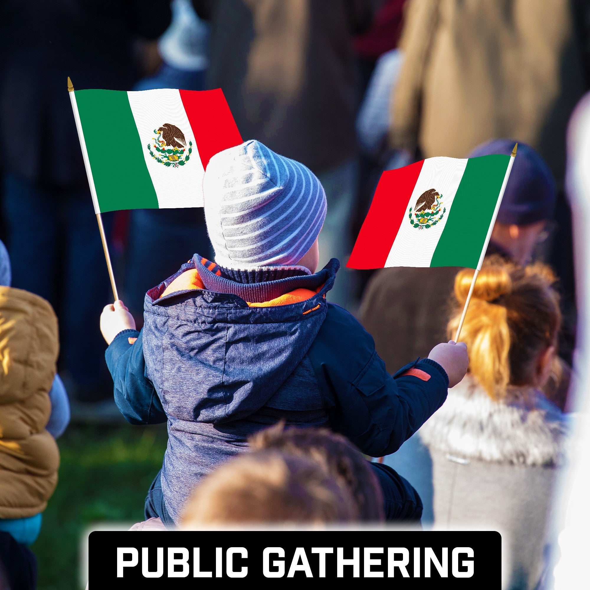 G128 30 Pack Handheld Mexico Mexican Stick Flags | 12x18 In | Printed 150D Polyester, Country Flag, Solid Wooden Stick, Spear Gold Tip