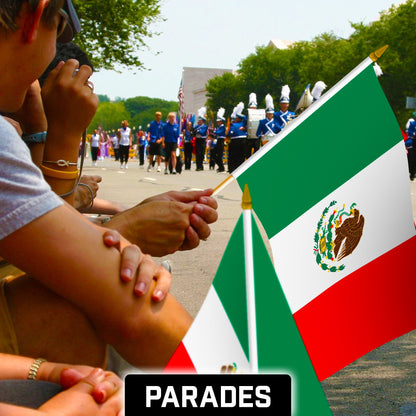 G128 50 Pack Handheld Mexico Mexican Stick Flags | 12x18 In | Printed 150D Polyester, Country Flag, Solid Wooden Stick, Spear Gold Tip