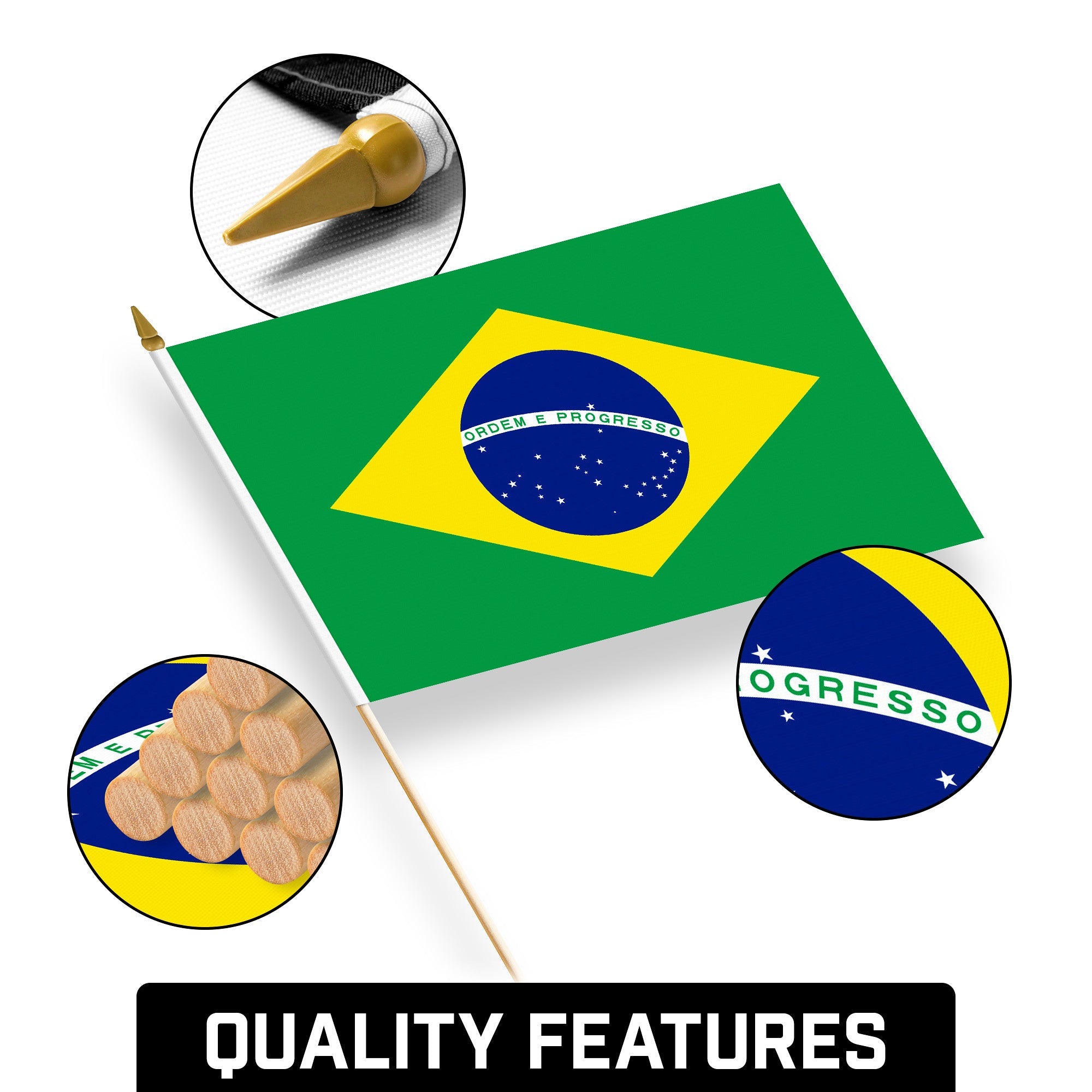 G128 12 Pack Handheld Brazil Brazilian Stick Flags | 12x18 In | Printed 150D Polyester, Country Flag, Solid Wooden Stick, Spear Gold Tip