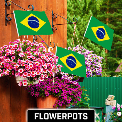 G128 12 Pack Handheld Brazil Brazilian Stick Flags | 12x18 In | Printed 150D Polyester, Country Flag, Solid Wooden Stick, Spear Gold Tip