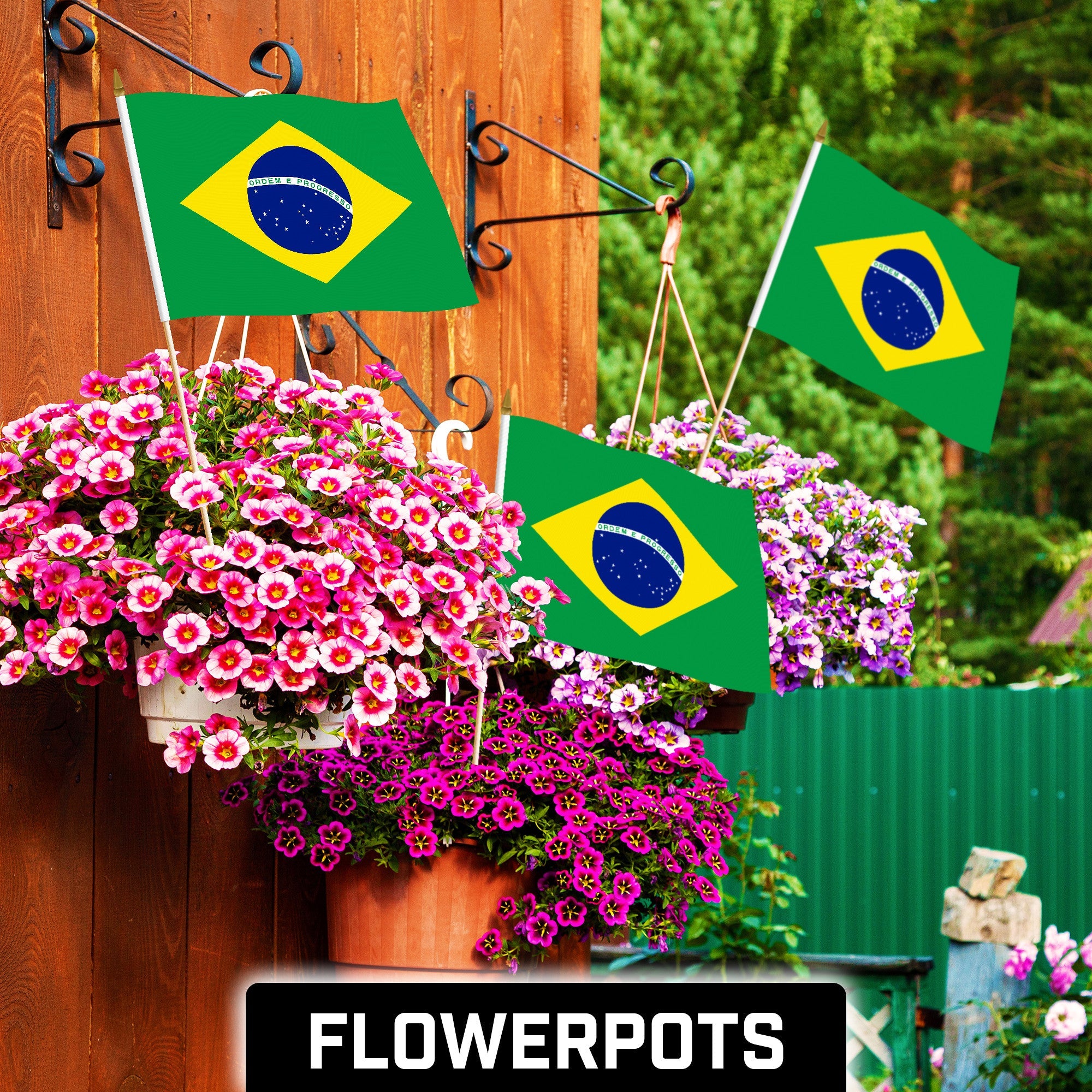 G128 50 Pack Handheld Brazil Brazilian Stick Flags | 12x18 In | Printed 150D Polyester, Country Flag, Solid Wooden Stick, Spear Gold Tip