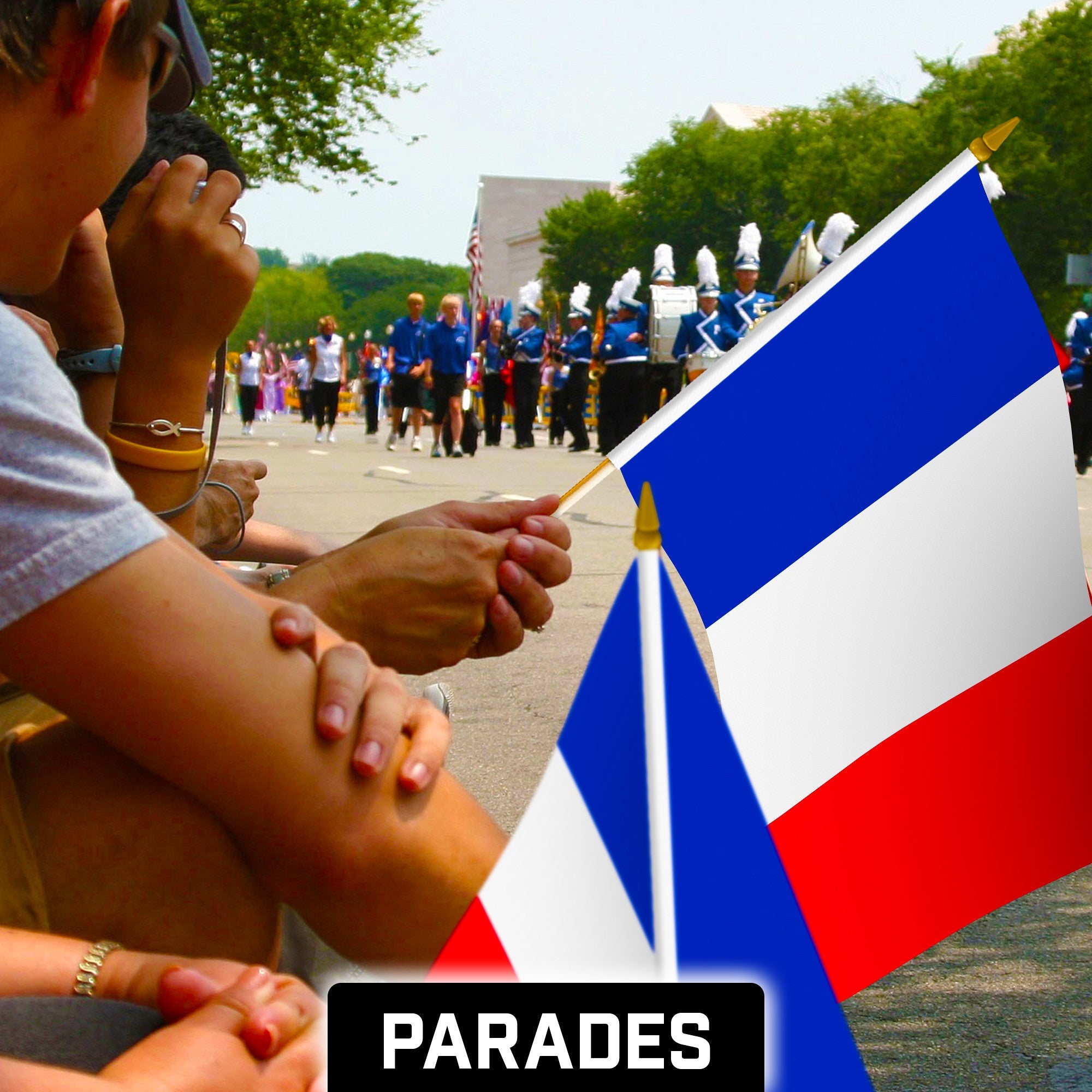 G128 12 Pack Handheld France French Stick Flags | 12x18 In | Printed 150D Polyester, Country Flag, Solid Wooden Stick, Spear Gold Tip