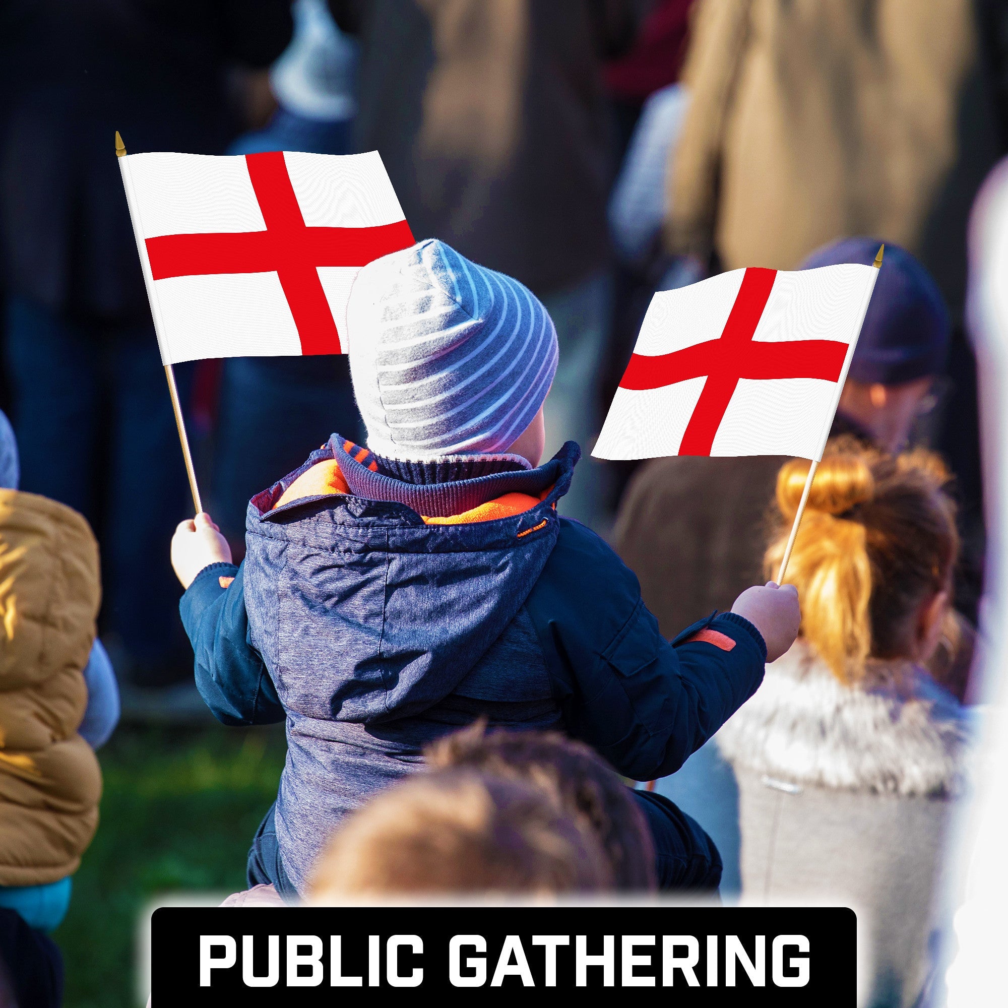 G128 30 Pack Handheld England English Stick Flags | 12x18 In | Printed 150D Polyester, Country Flag, Solid Wooden Stick, Spear Gold Tip