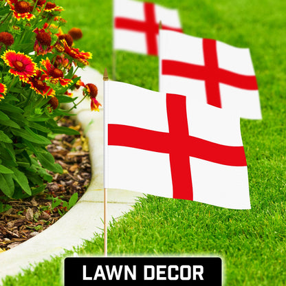 G128 24 Pack Handheld England English Stick Flags | 12x18 In | Printed 150D Polyester, Country Flag, Solid Wooden Stick, Spear Gold Tip