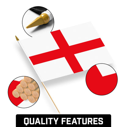 G128 50 Pack Handheld England English Stick Flags | 12x18 In | Printed 150D Polyester, Country Flag, Solid Wooden Stick, Spear Gold Tip