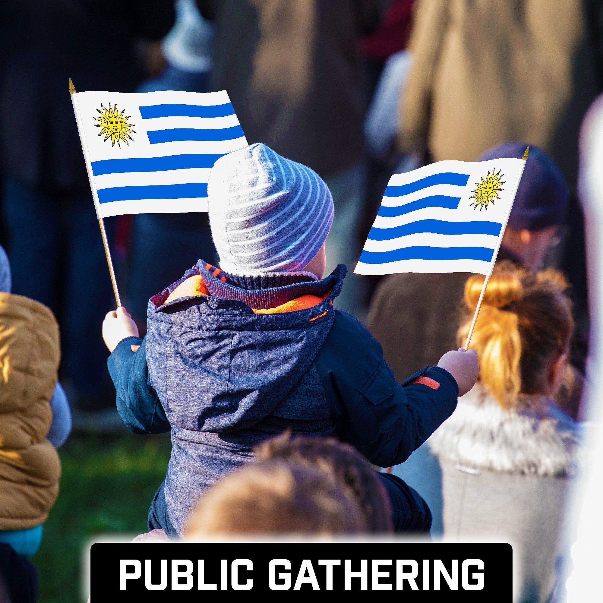 G128 30 Pack Handheld Uruguay Uruguayan Stick Flags | 12x18 In | Printed 150D Polyester, Country Flag, Solid Wooden Stick, Spear Gold Tip
