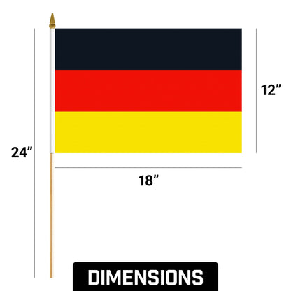 G128 12 Pack Handheld Germany German Stick Flags | 12x18 In | Printed 150D Polyester, Country Flag, Solid Wooden Stick, Spear Gold Tip