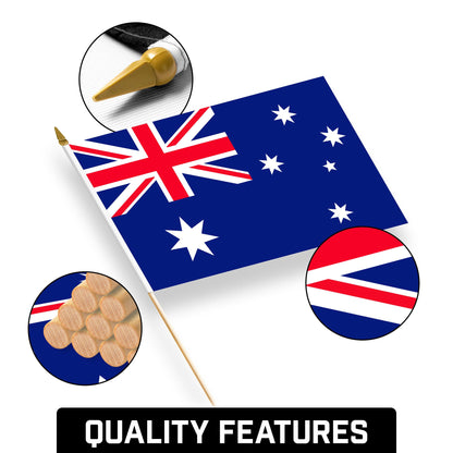 30 Pack Handheld Australia Australian Stick Flags | 12x18 In | Printed 150D Polyester, Country Flag, Solid Wooden Stick, Spear Gold Tip