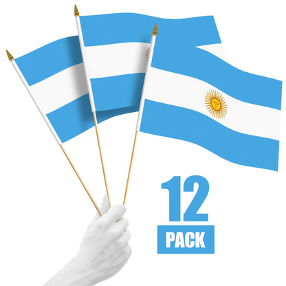 12 Pack Handheld Argentina Argentinian Stick Flags | 12x18 In | Printed 150D Polyester, Country Flag, Solid Wooden Stick, Spear Gold Tip