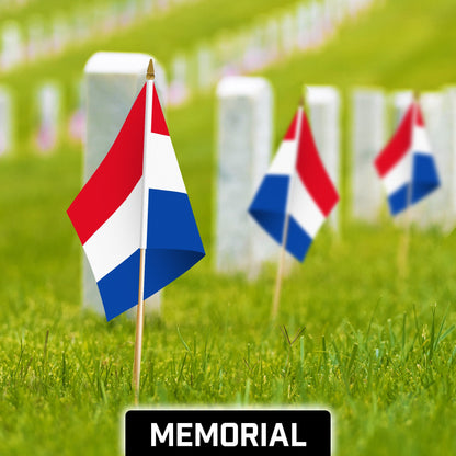 G128 50 Pack Handheld Netherlands Dutch Stick Flags | 12x18 In | Printed 150D Polyester, Country Flag, Solid Wooden Stick, Spear Gold Tip