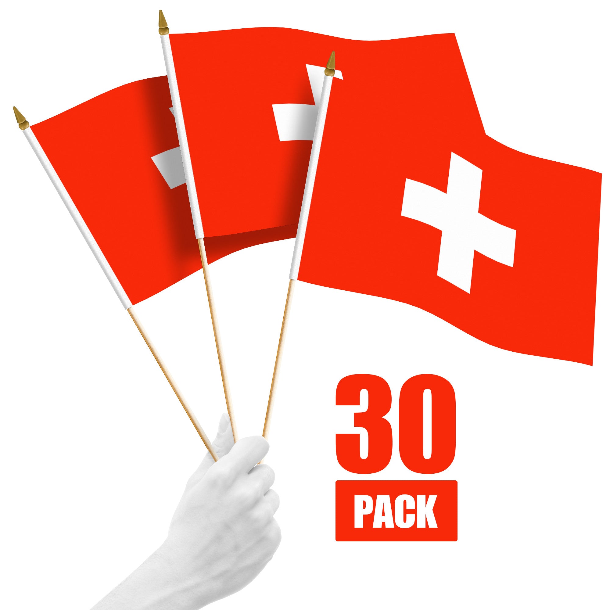 G128 30 Pack Handheld Switzerland Swiss Stick Flags | 12x18 In | Printed 150D Polyester, Country Flag, Solid Wooden Stick, Spear Gold Tip