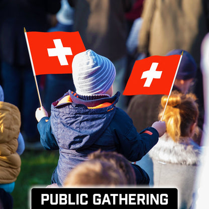 G128 24 Pack Handheld Switzerland Swiss Stick Flags | 12x18 In | Printed 150D Polyester, Country Flag, Solid Wooden Stick, Spear Gold Tip