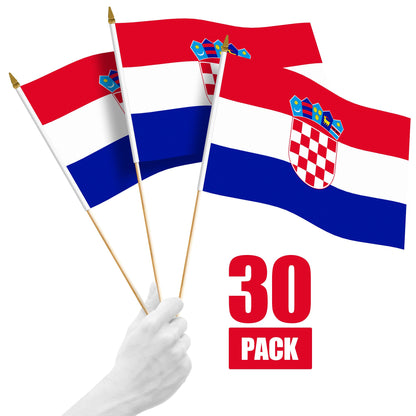 G128 30 Pack Handheld Croatia Croatian Stick Flags | 12x18 In | Printed 150D Polyester, Country Flag, Solid Wooden Stick, Spear Gold Tip