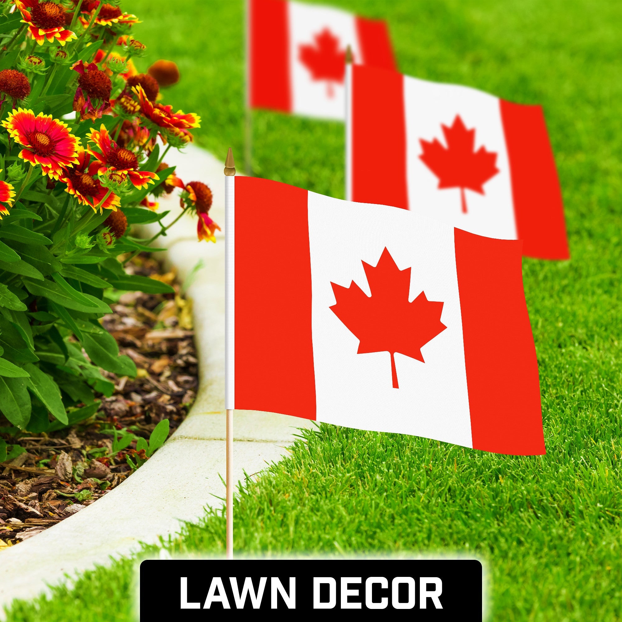 G128 50 Pack Handheld Canada Canadian Stick Flags | 12x18 In | Printed 150D Polyester, Country Flag, Solid Wooden Stick, Spear Gold Tip