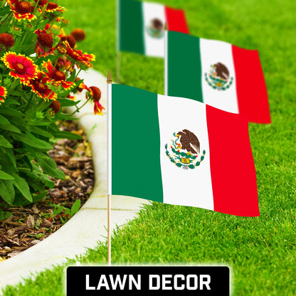 G128 12 Pack Handheld Mexico Mexican Stick Flags | 12x18 In | Printed 150D Polyester, Country Flag, Solid Wooden Stick, Spear Gold Tip