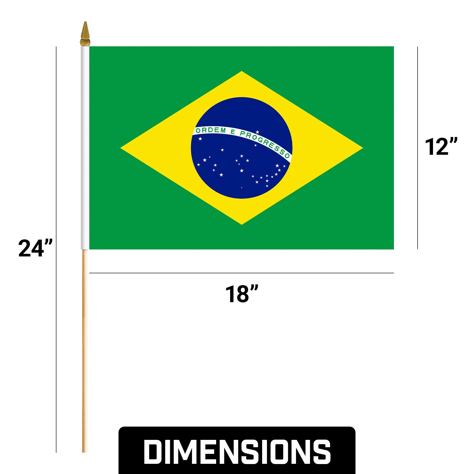 G128 24 Pack Handheld Brazil Brazilian Stick Flags | 12x18 In | Printed 150D Polyester, Country Flag, Solid Wooden Stick, Spear Gold Tip