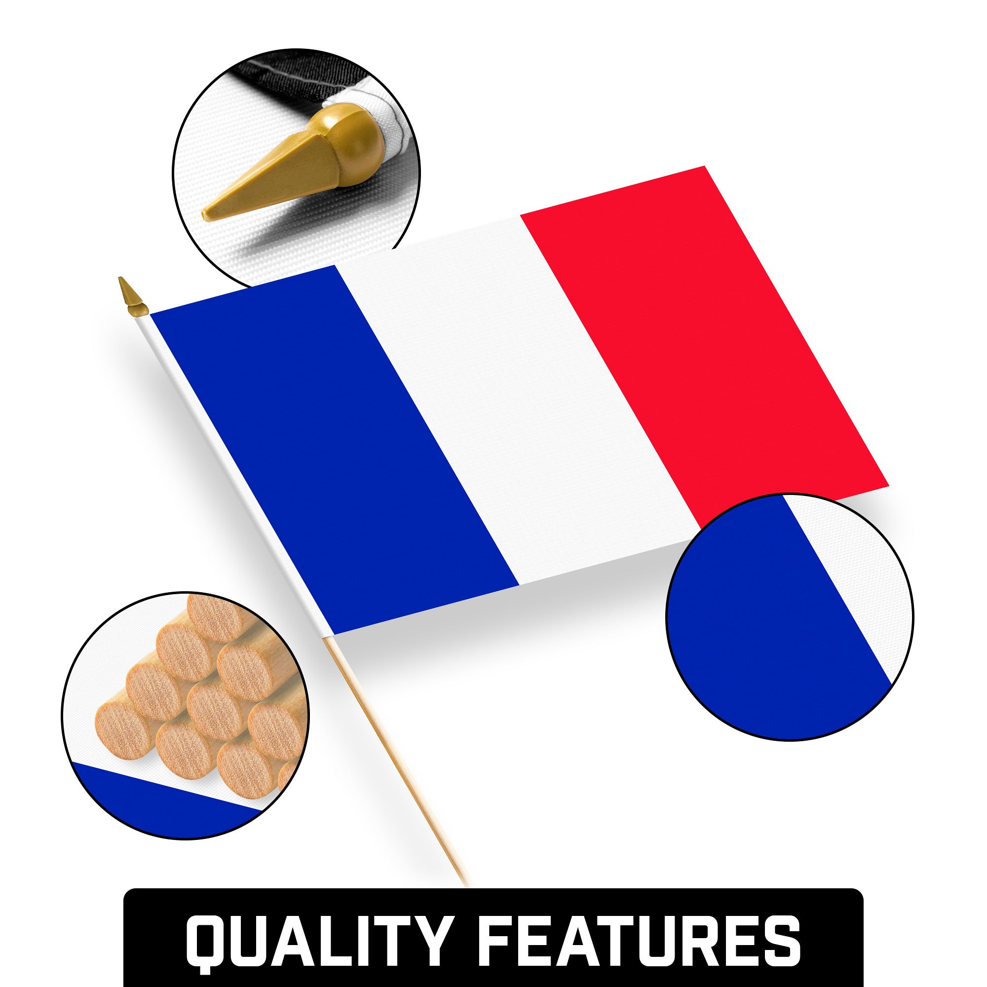 G128 12 Pack Handheld France French Stick Flags | 12x18 In | Printed 150D Polyester, Country Flag, Solid Wooden Stick, Spear Gold Tip