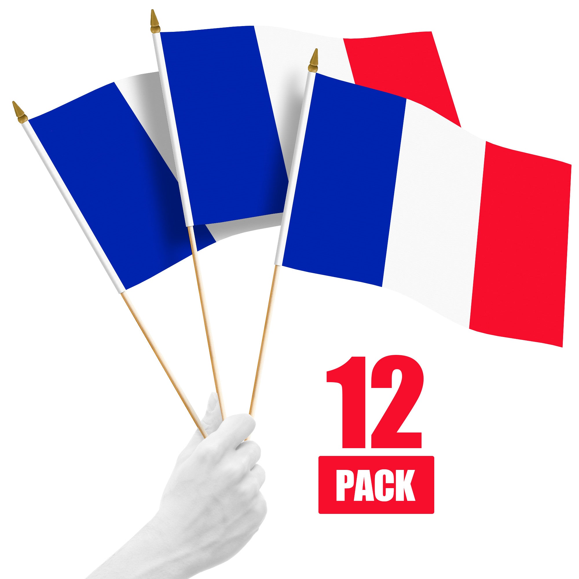 G128 12 Pack Handheld France French Stick Flags | 12x18 In | Printed 150D Polyester, Country Flag, Solid Wooden Stick, Spear Gold Tip