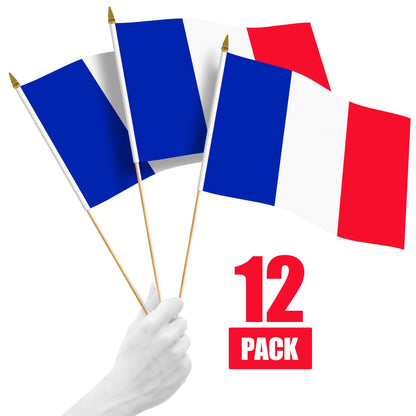 G128 12 Pack Handheld France French Stick Flags | 12x18 In | Printed 150D Polyester, Country Flag, Solid Wooden Stick, Spear Gold Tip