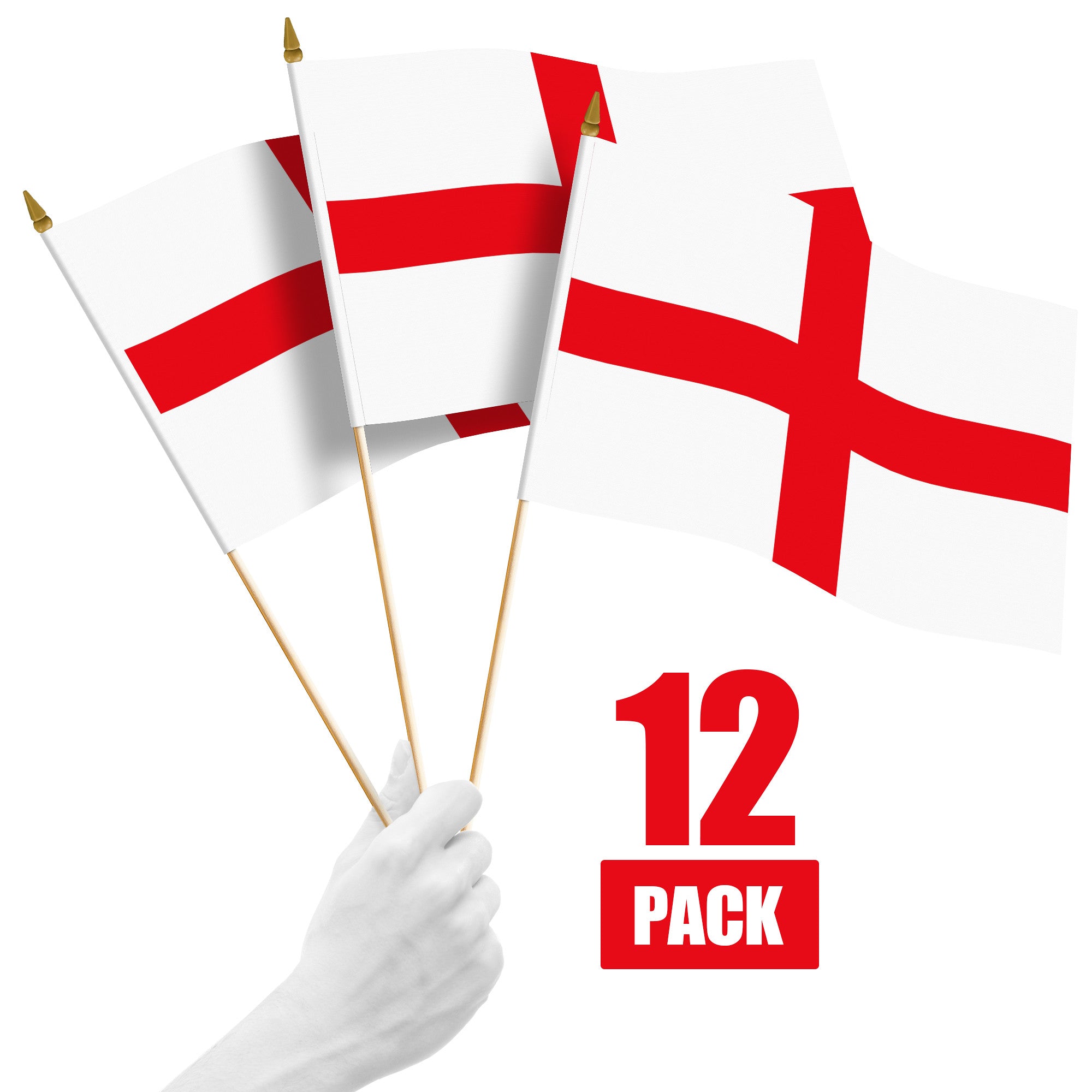 G128 12 Pack Handheld England English Stick Flags | 12x18 In | Printed 150D Polyester, Country Flag, Solid Wooden Stick, Spear Gold Tip