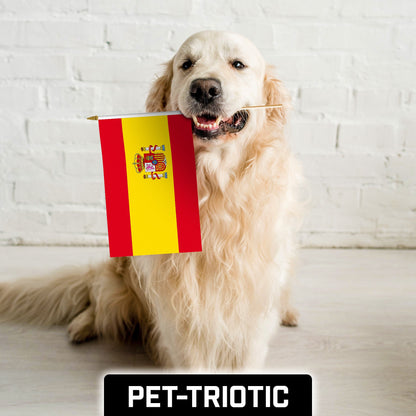 G128 30 Pack Handheld Spain Spanish Stick Flags | 12x18 In | Printed 150D Polyester, Country Flag, Solid Wooden Stick, Spear Gold Tip