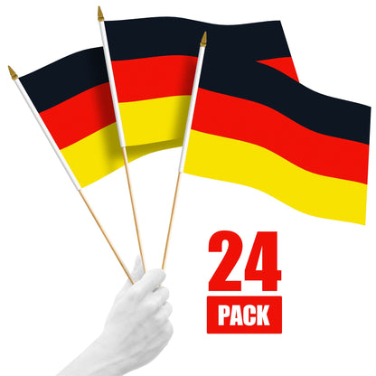 G128 24 Pack Handheld Germany German Stick Flags | 12x18 In | Printed 150D Polyester, Country Flag, Solid Wooden Stick, Spear Gold Tip