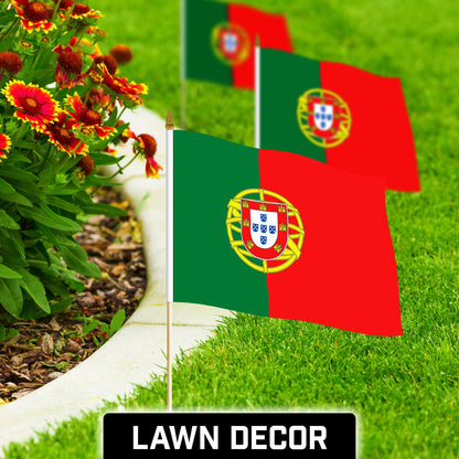 G128 50 Pack Handheld Portugal Portuguese Stick Flags | 12x18 In | Printed 150D Polyester, Country Flag, Solid Wooden Stick, Spear Gold Tip