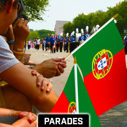 G128 50 Pack Handheld Portugal Portuguese Stick Flags | 12x18 In | Printed 150D Polyester, Country Flag, Solid Wooden Stick, Spear Gold Tip