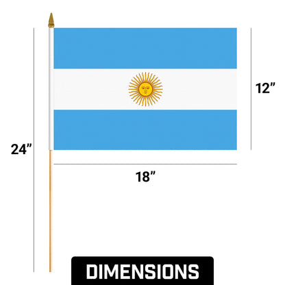 12 Pack Handheld Argentina Argentinian Stick Flags | 12x18 In | Printed 150D Polyester, Country Flag, Solid Wooden Stick, Spear Gold Tip