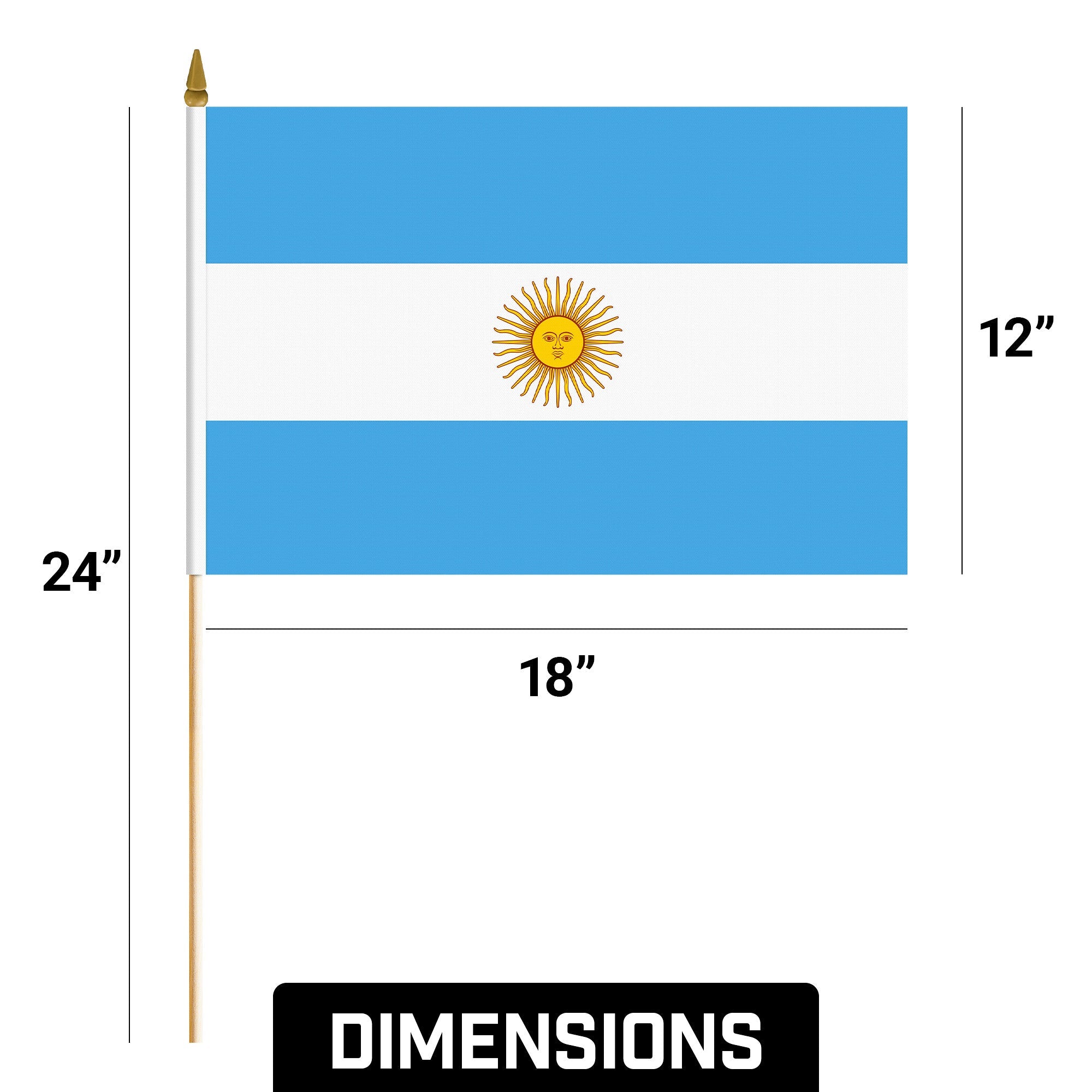 24 Pack Handheld Argentina Argentinian Stick Flags | 12x18 In | Printed 150D Polyester, Country Flag, Solid Wooden Stick, Spear Gold Tip