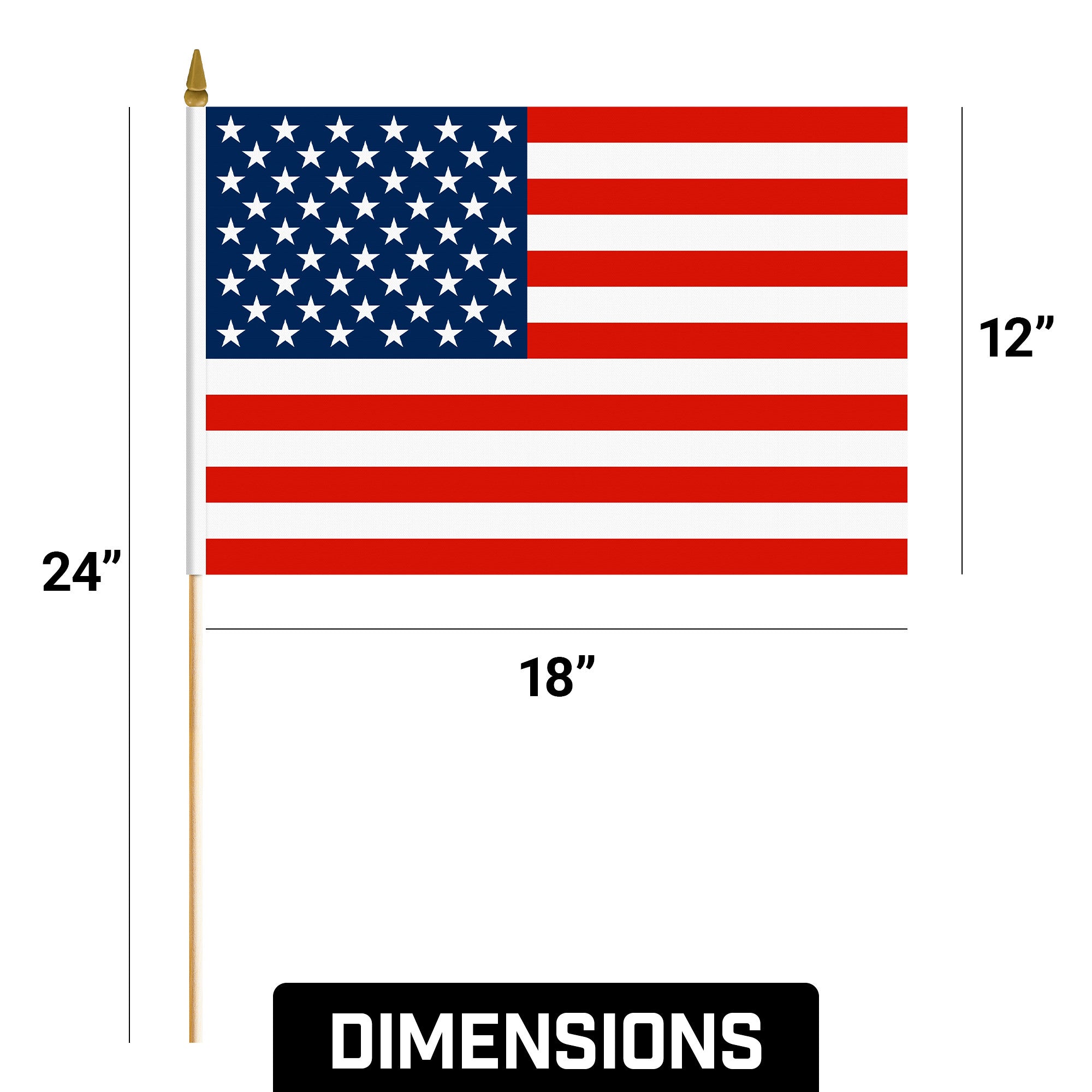 G128 24 Pack Handheld American USA Stick Flags | 12x18 In | Printed 150D Polyester, Country Flag, Solid Wooden Stick, Spear Gold Tip, Great for Patriotic Decorations